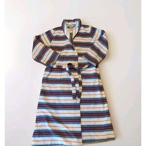 LL Bean Bathrobe Womens Medium Petite White Blue Red Stripes Lounge Belt
